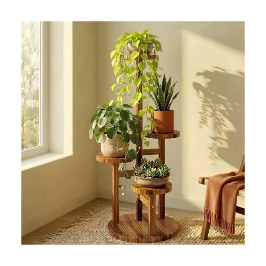 Bamworld Plant Stand Indoor Wood Plant Shelf 4 Tier Brown | plant holders for Multiple Plants Tall Corner Plant Stands