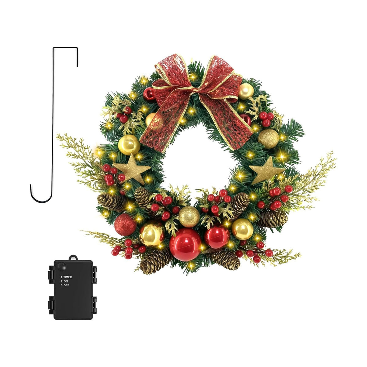 16 in Pre-Lit Christmas Door Wreath with Timer & Hanger & 50LED Warm Lights