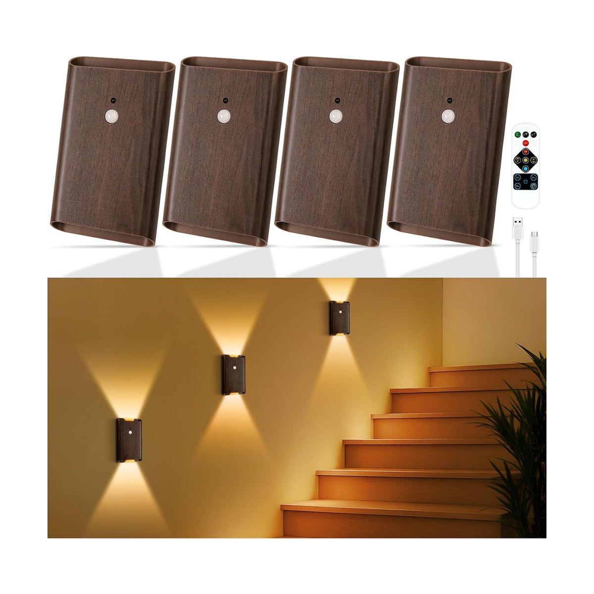 Eneru Motion Sensor Wall Sconce, Rechargeable Wireless Lights Indoor 4 Pack | 5000mAh Battery Powered, Remote 3CCT