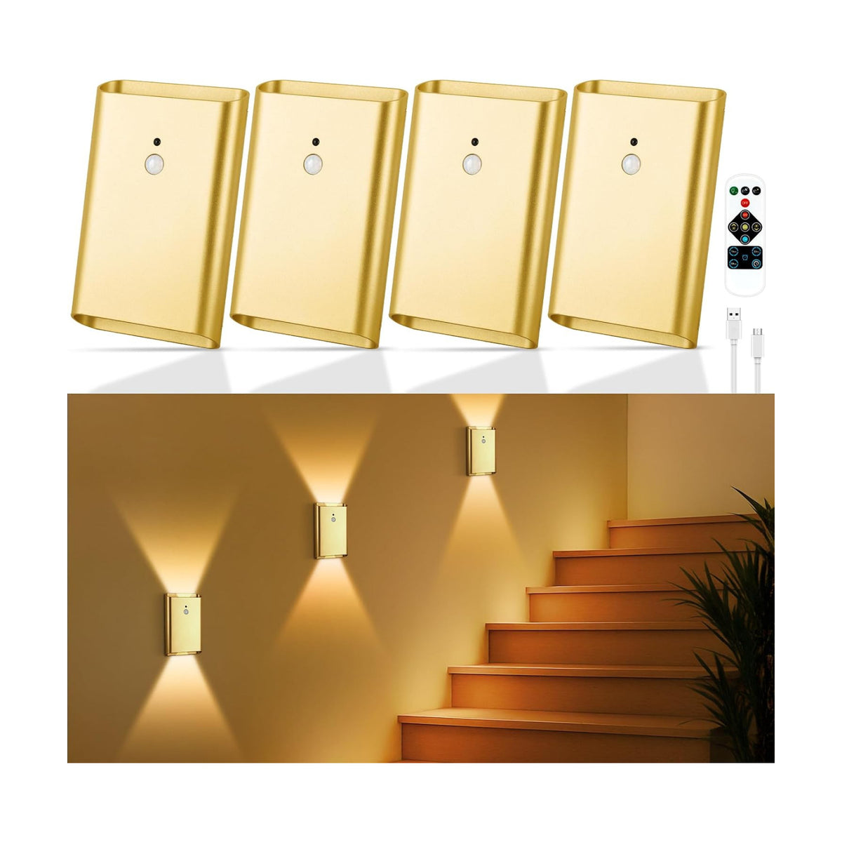 Eneru Motion Sensor Wall Sconce, Rechargeable Wireless Lights Indoor 4 Pack | 5000mAh Battery Powered, Remote 3CCT