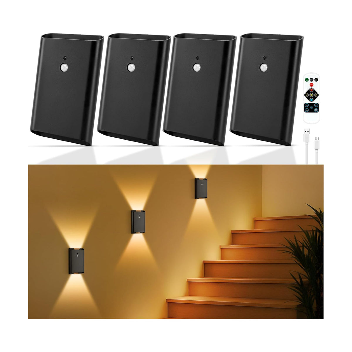 Eneru Motion Sensor Wall Sconce, Rechargeable Wireless Lights Indoor 4 Pack | 5000mAh Battery Powered, Remote 3CCT