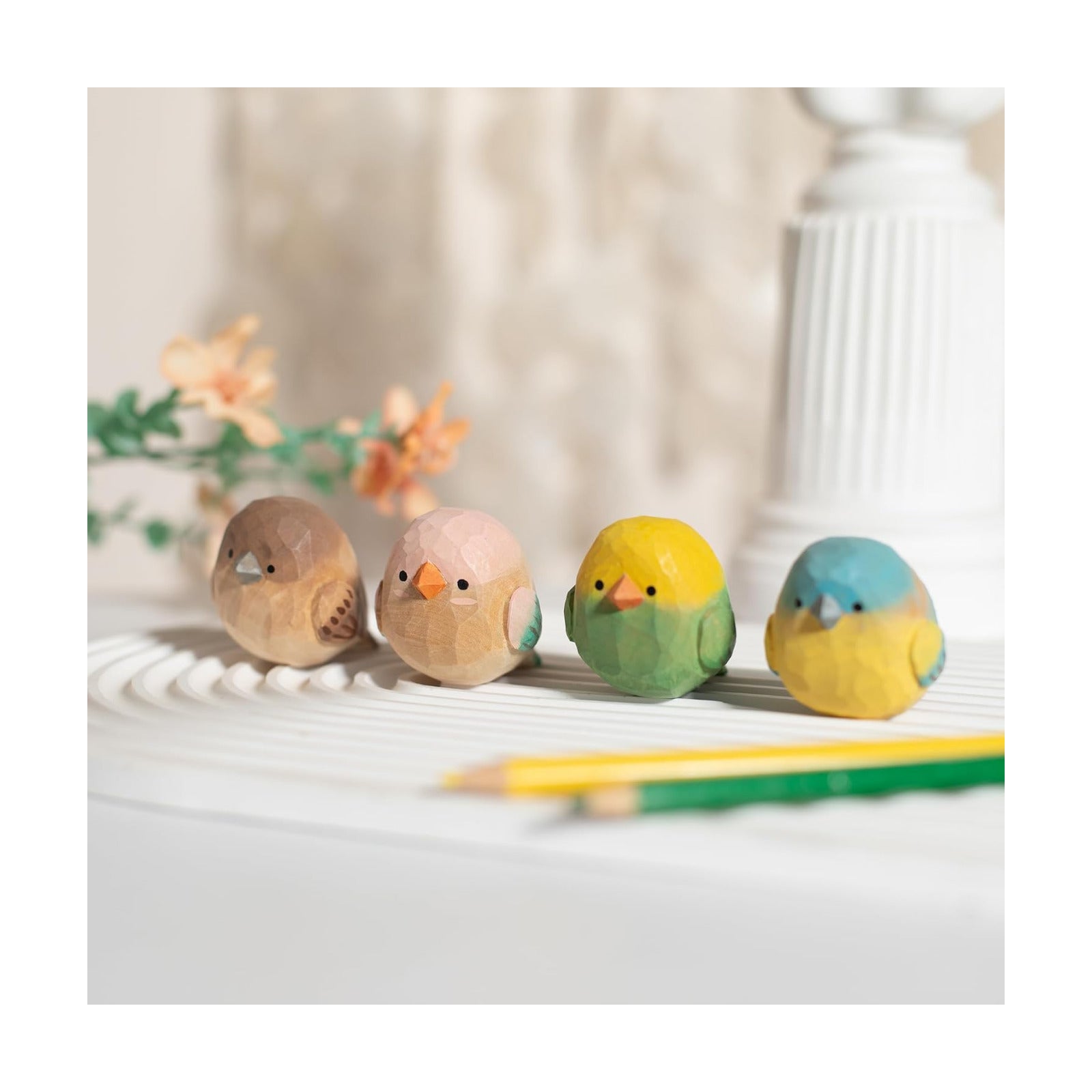 Hand-Carved Wooden Bird Figurines / Set of 4
