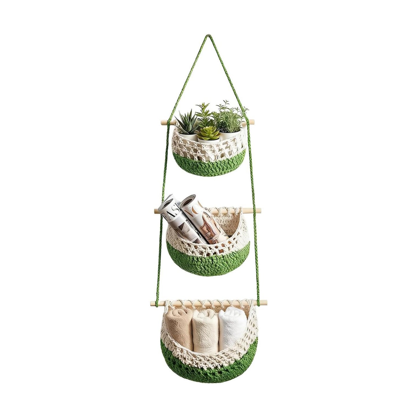 Woven Cotton Hanging Fruit Basket / Green