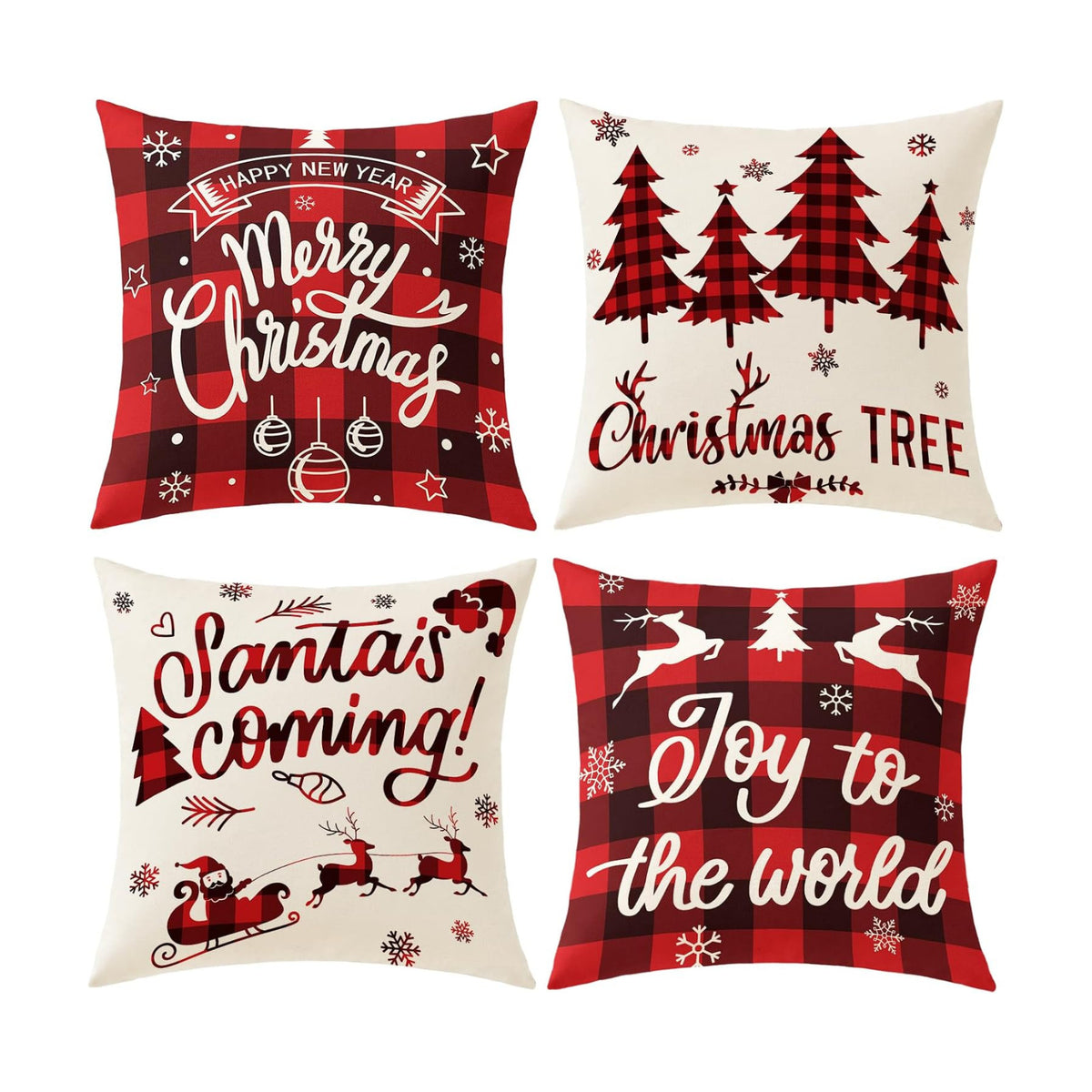 Plaid Christmas Pillow Covers 18x18 Buffalo Check Set of 4 Red Black Christmas Decorations Farmhouse Throw Pillow Covers Winter Holiday Linen Cushion Case for Home Sofa Couch Bed Chair