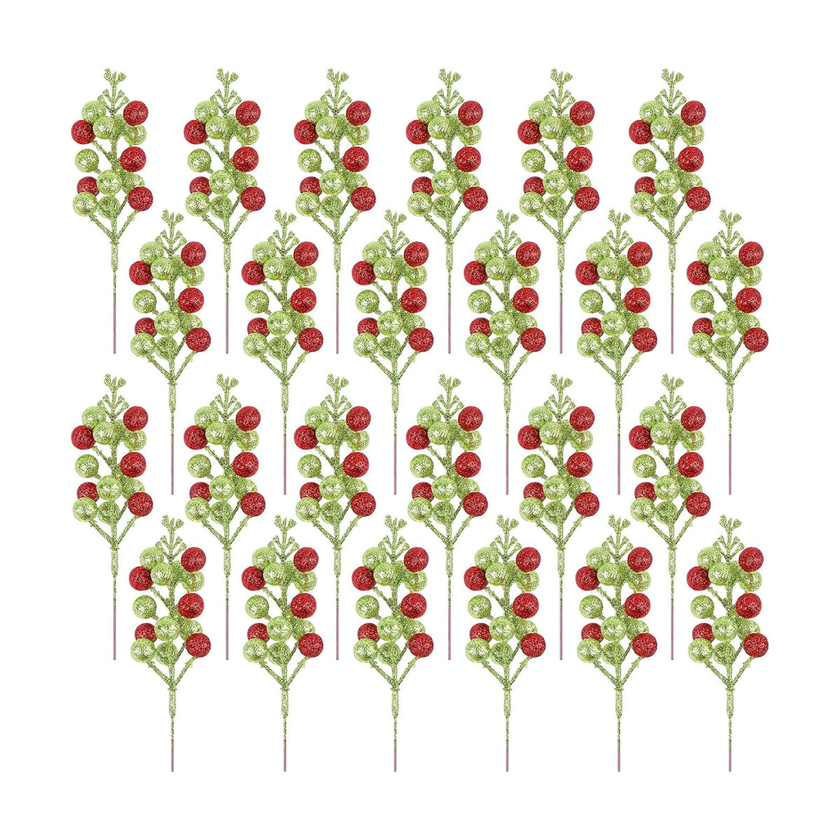 24 Pack Christmas Glitter Green Red Berry Stems, 7.5 Inch Artificial Christmas Berries Picks for DIY Crafts Xmas Tree Christmas Wreath Home Wedding Home Party Decoration (Green&Red)