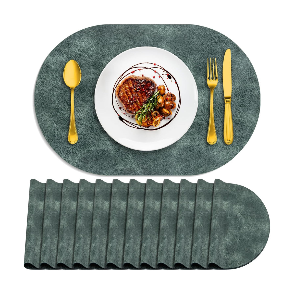 ADRIMER Placemats, Heat Resistant Oval Placemats Set of 12 Washable 12 x 17 Inch, Waterproof Table Mats, Wipeable Pu