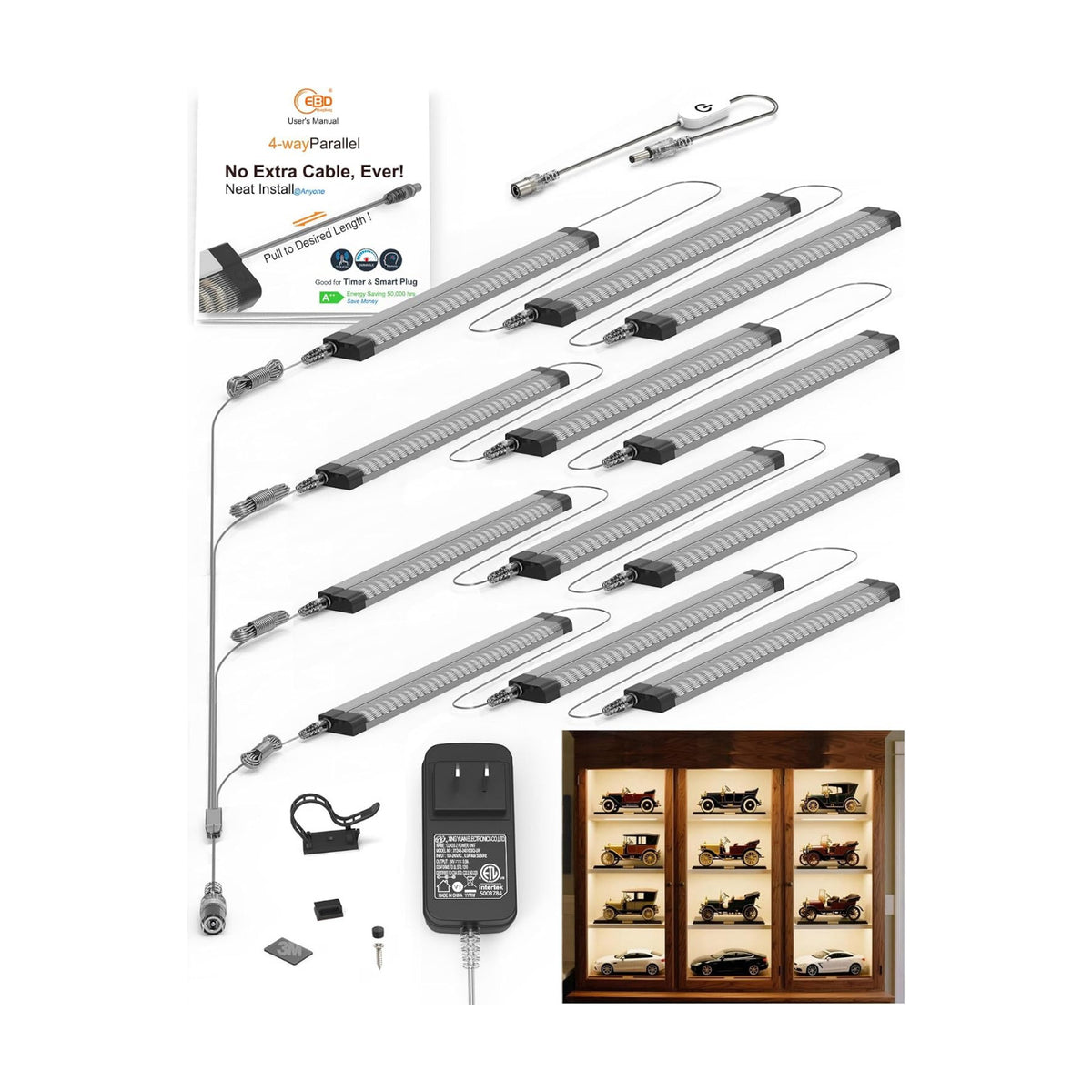EBD LED Under Shelf Lights, 4-Way Parallel Light Bar, 12-Panel Cabinet Lighting, 6500K 5400Lm Counter Lights with