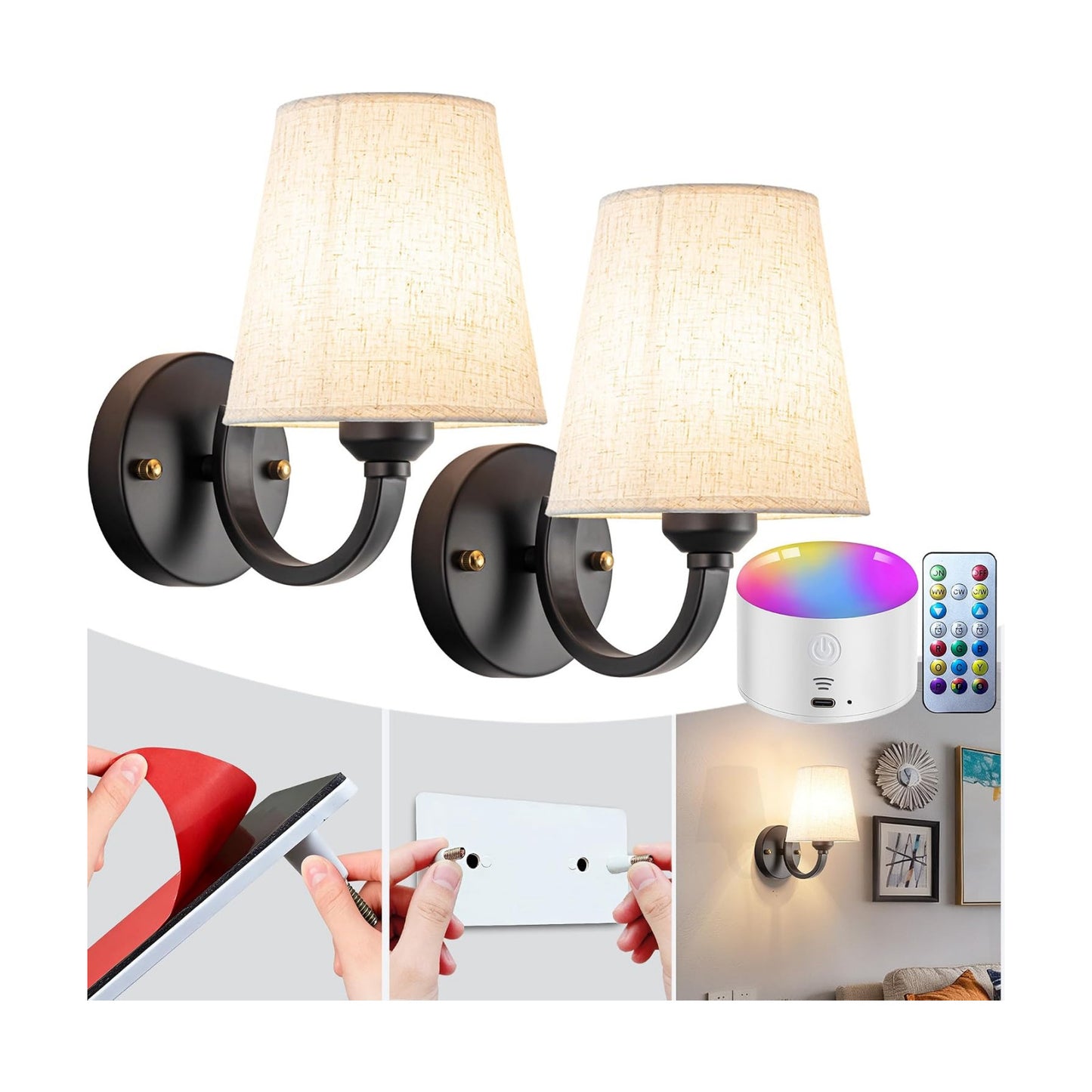 YHCDLAMP Peel and Stick Wall Sconces, No Drilling Stick On Wall Sconce, Wireless Battery Operated Wall Lights, Adhesive