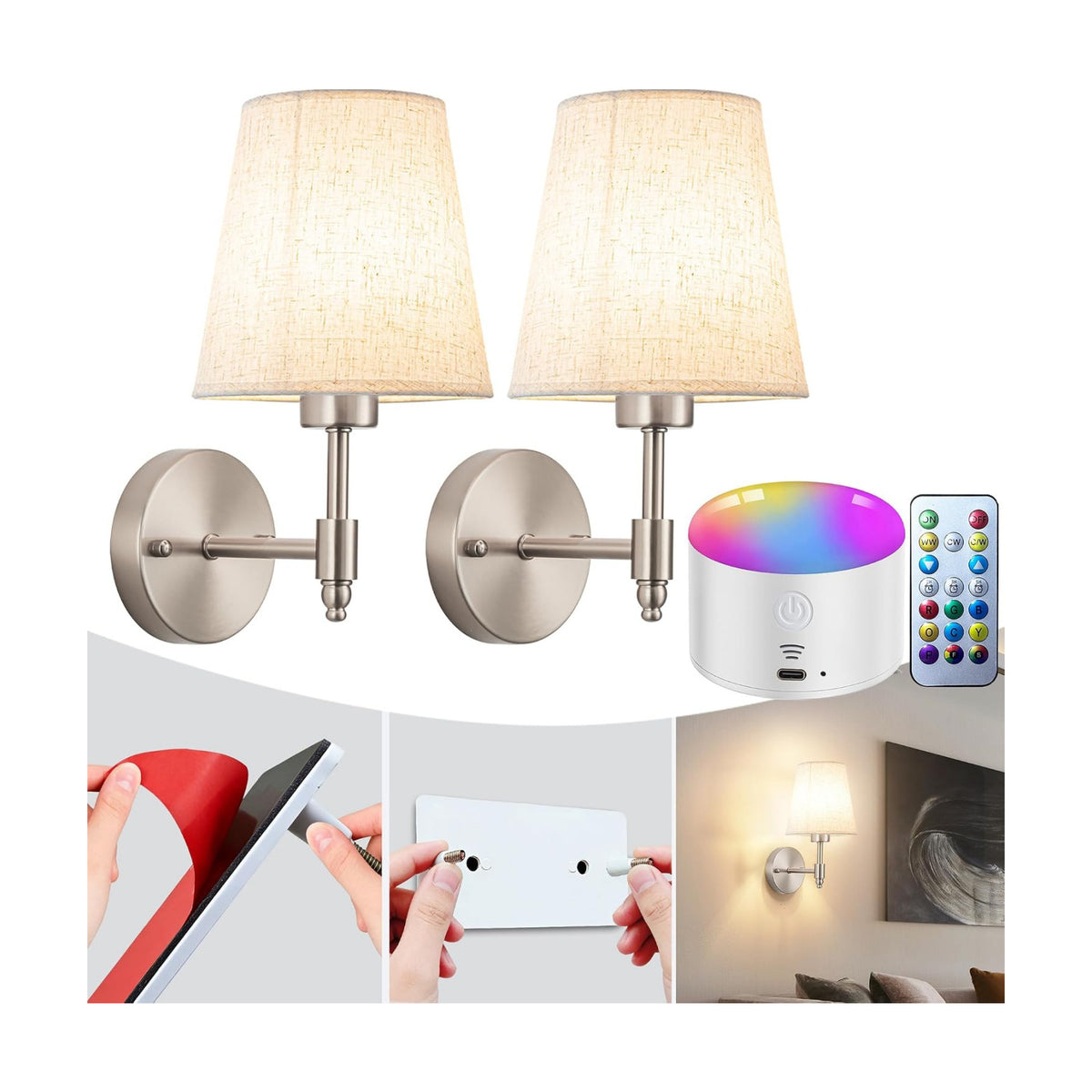YHCDLAMP Peel and Stick Wall Sconces, No Drilling Stick On Wall Sconce, Wireless Battery Operated Wall Lights, Adhesive