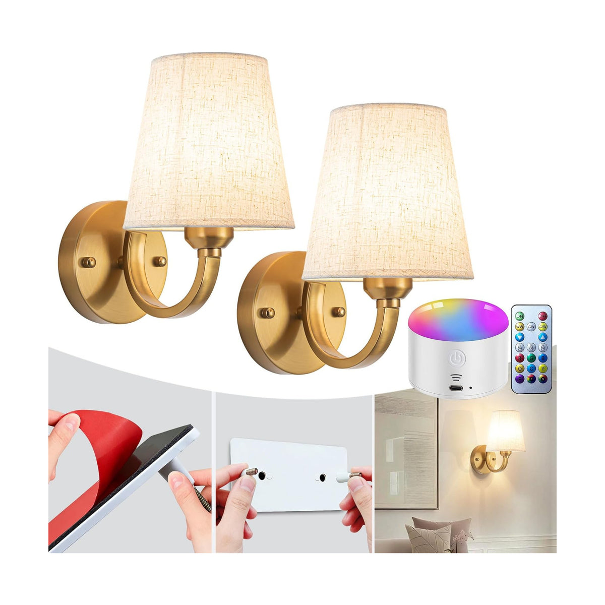 YHCDLAMP Peel and Stick Wall Sconces, No Drilling Stick On Wall Sconce, Wireless Battery Operated Wall Lights, Adhesive