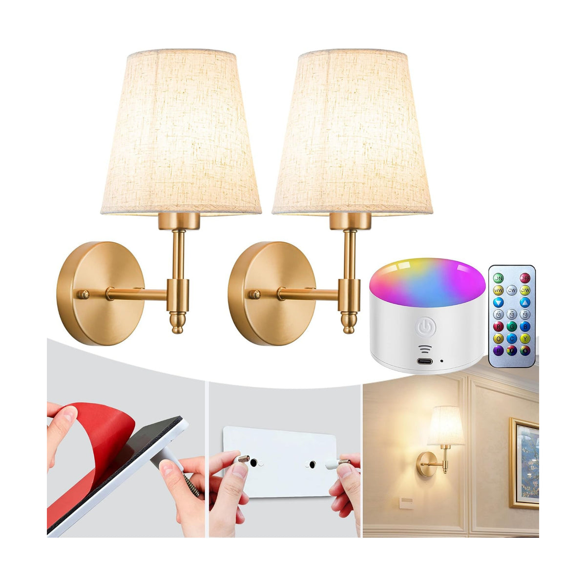 YHCDLAMP Peel and Stick Wall Sconces, No Drilling Stick On Wall Sconce, Wireless Battery Operated Wall Lights, Adhesive