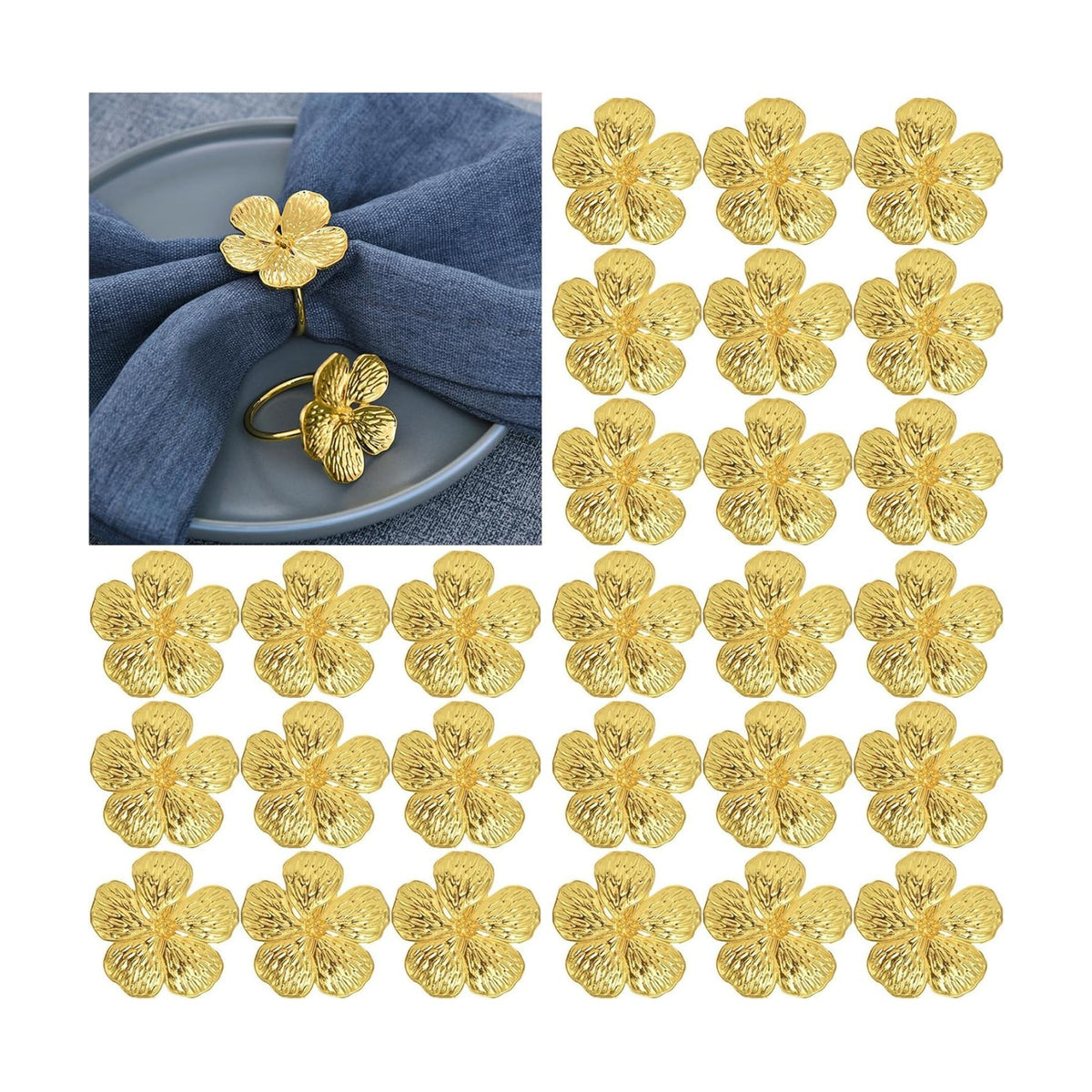 Flower Napkin Rings Set of 50, Shiny Fall Napkins Rings Gold Floral Holder | Wedding Season Banquet Party Décor Holiday