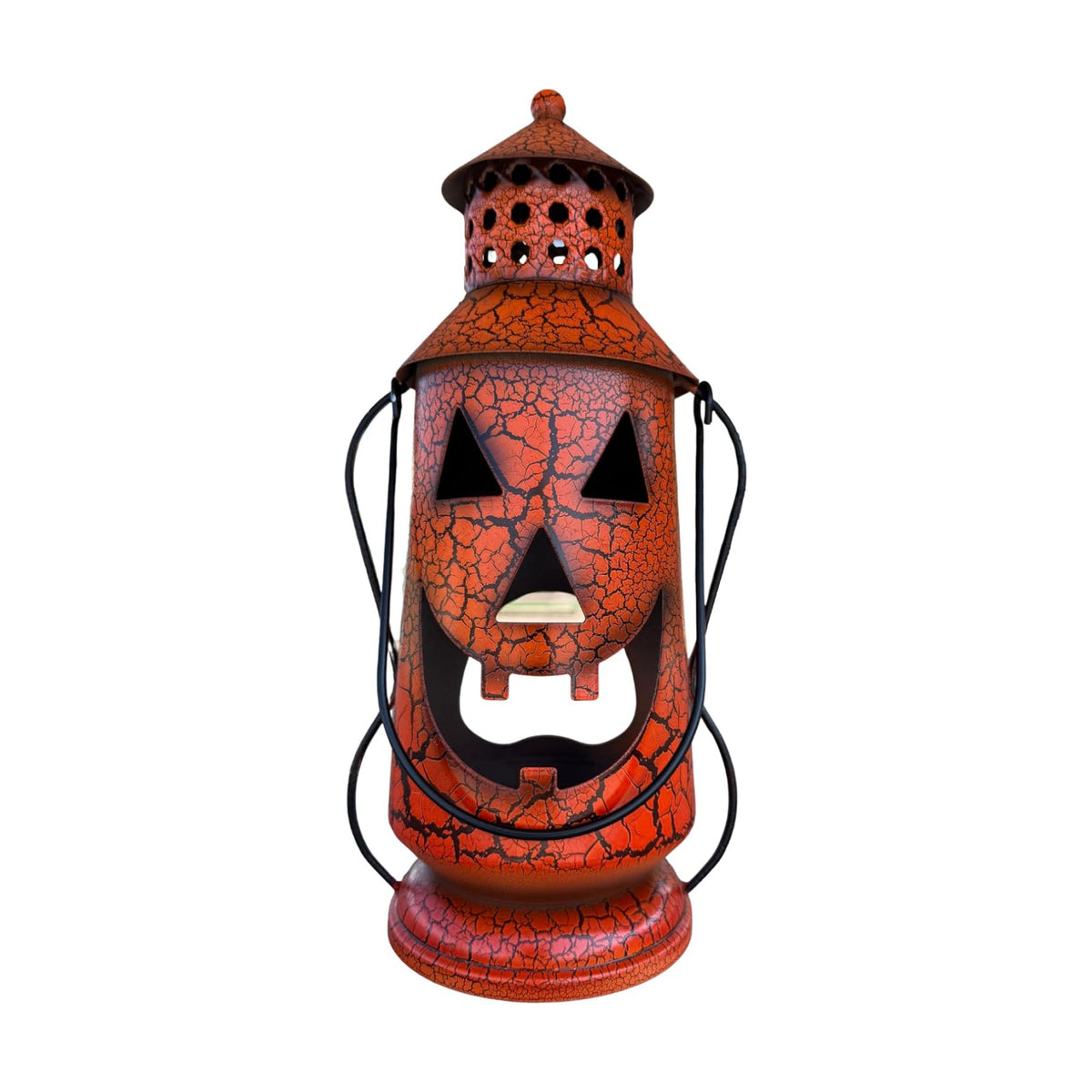 Clovers Garden Halloween Pumpkin Rustic Lantern with Handle, 11.5" Tall Metal Jack O Lantern Fall Decoration, Standing