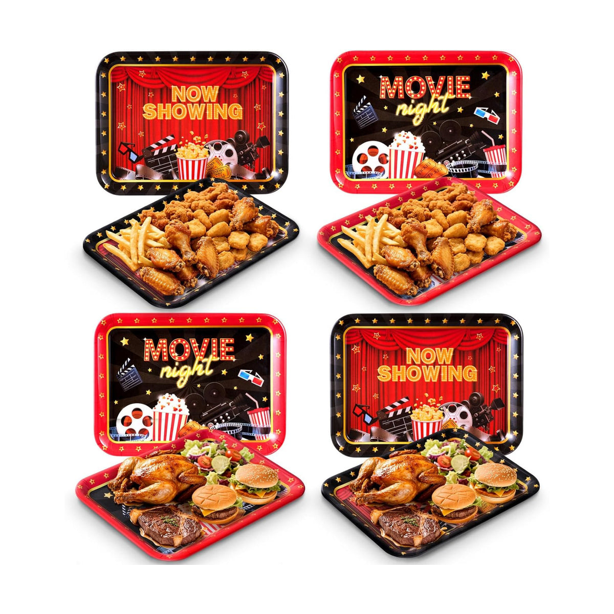 Vesici 4 Pack Movie Night Melamine Serving Trays, 13 x 10 Inch Rectangular Cinema Snack Platters with Popcorn & Film Designs, Durable Serving Plates for Home Theater, Parties & Appetizers