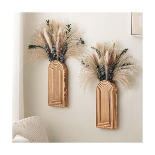 Wooden Wall Vase Set / Brown with Dry Flowers / Set of 2