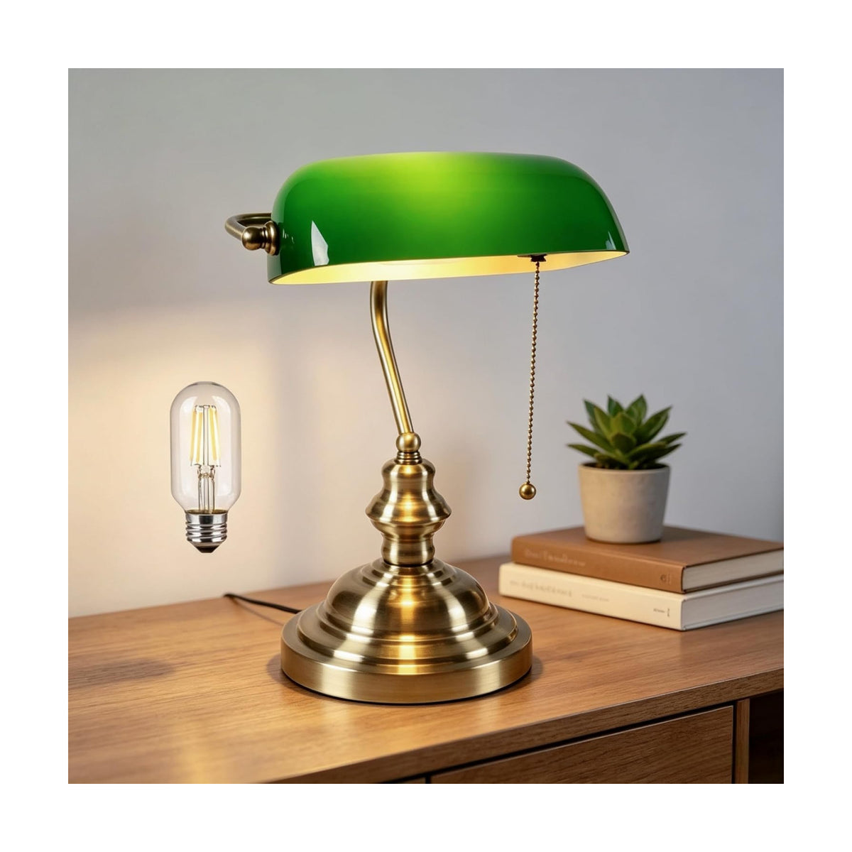 FIRVRE Green Bankers lamp, Antique Desk Lamps with Brass Base, Library Lamp with Pull Chain, Retro Desk Lamp for Home