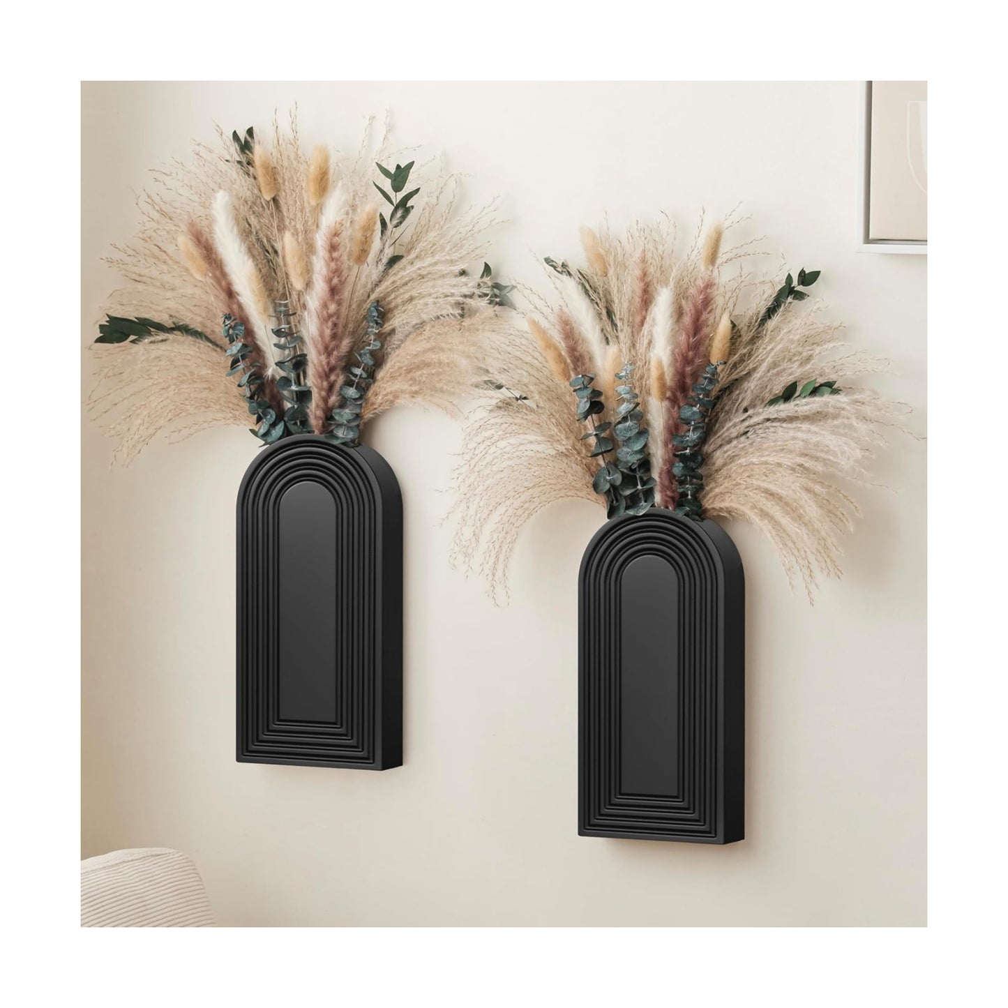 Wooden Wall Vase Set / Black with Dry Flowers / Set of 2