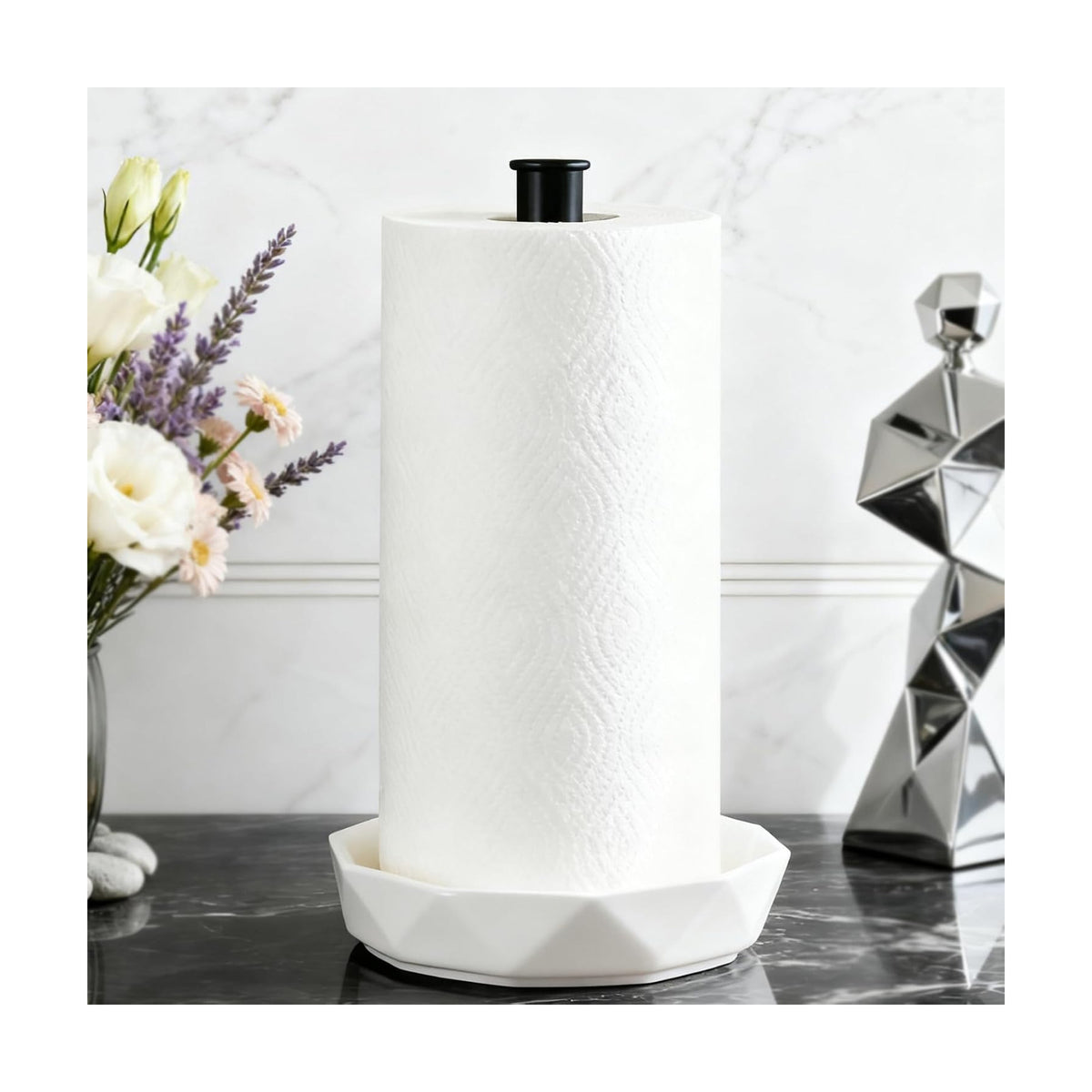 Paper Towel Holder, Ceramic Base Water Resistant, Fits Large Rolls, Black | Easy to Clean and Built to Last,Standing