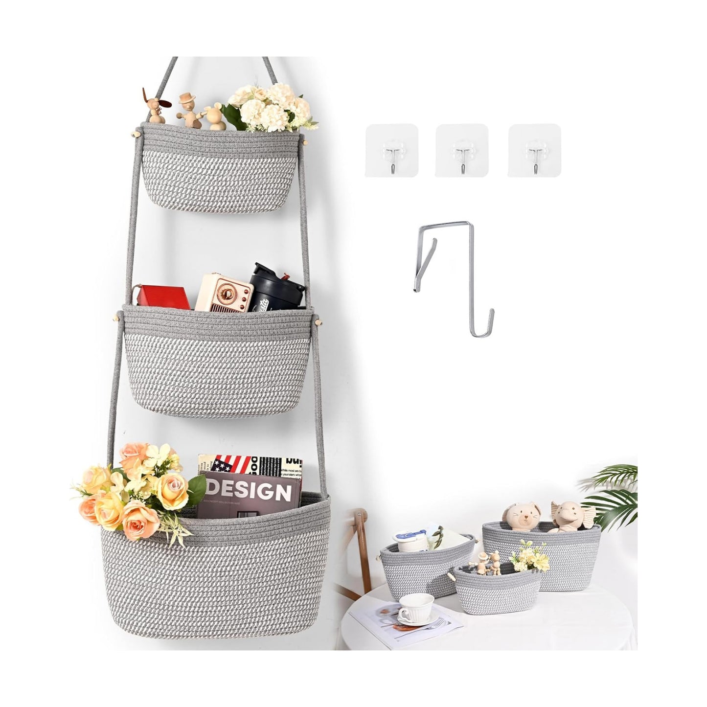 3-Tier Woven Wall Basket / Classic / Gray