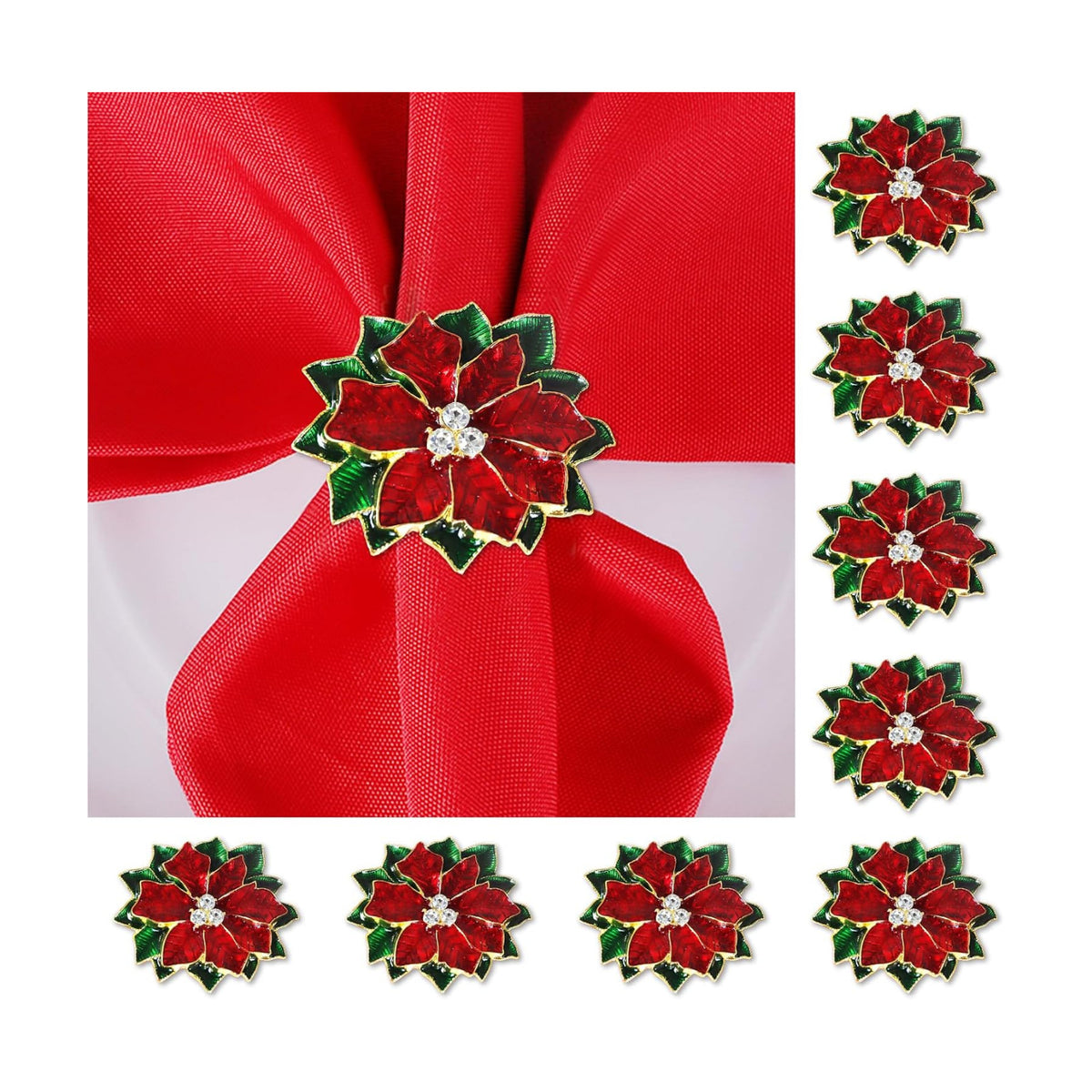 Christmas Poinsettia Napkin Rings Set of 8,Red Flower Poinsettia Napkin Rings Christmas Holders Metal Napkin Buckle for Thanksgiving Wedding Party Birthday Table Decoration Dinning