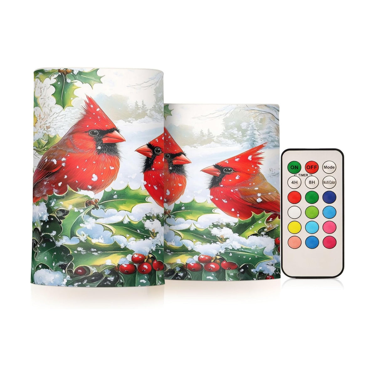 Flickering Flameless Candles, Red Cardinals Holly Christmas LED Candles with Remote Timer, Set of 2 Battery Operated
