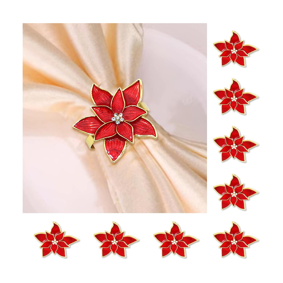 Christmas Napkin Rings Set of 8,Poinsettia Napkin Rings Red Flower Christmas Holders Metal Napkin Buckle for Thanksgiving Wedding Party Birthday Table Decoration Dinning