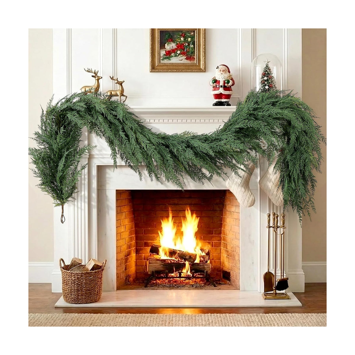 Christmas Cedar Garland Realistic - Cypress Decorations with Lights 6ft for Mantle Lighted Faux Pine Garlands for Xmas