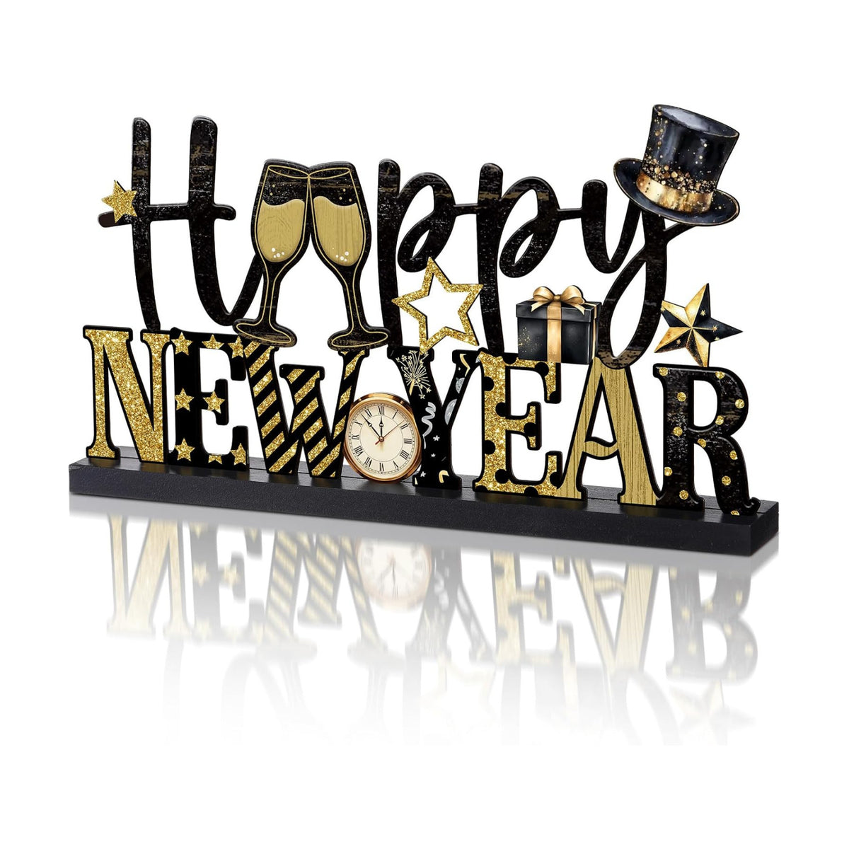 Cinnvoice Happy New Year Table Decoration Metal New Year Letter Sign 2026 Black and Gold Table Centerpieces with Wooden Base for Home Tiered Tray Centerpiece Mantel Shelf Fireplace Eve Party Supplies