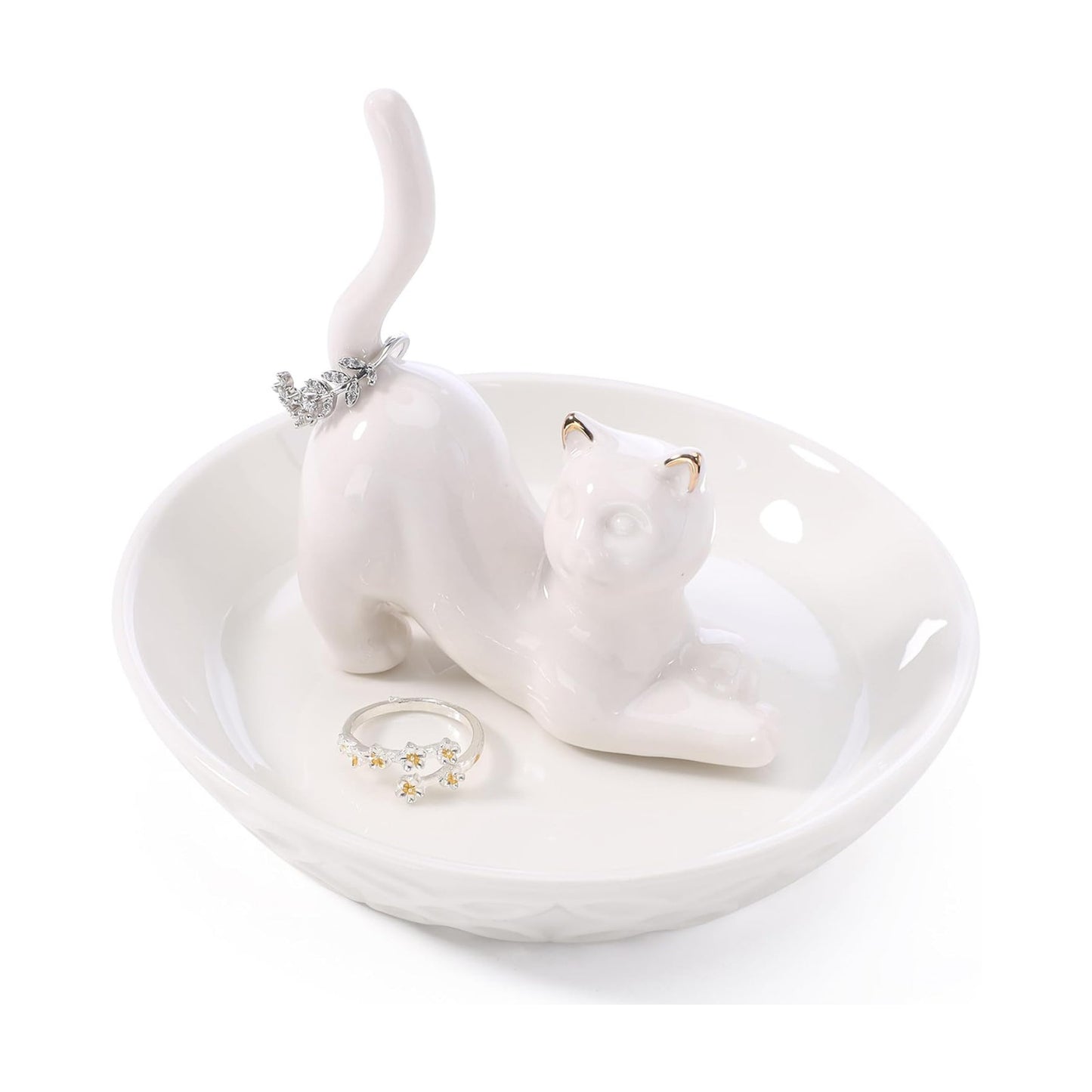 Ceramic White Ring Holder Jewelry Tray / White Lying Down Cat