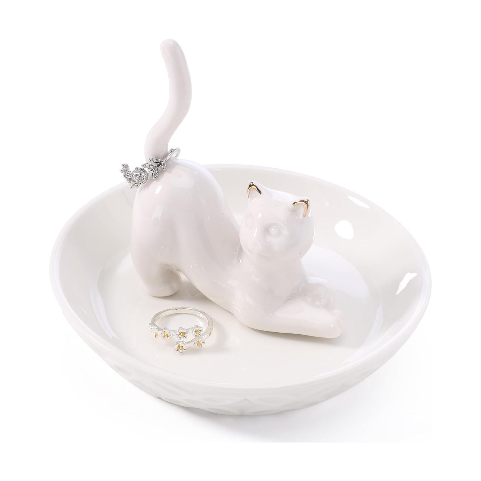 Ceramic White Ring Holder Jewelry Tray / White Lying Down Cat