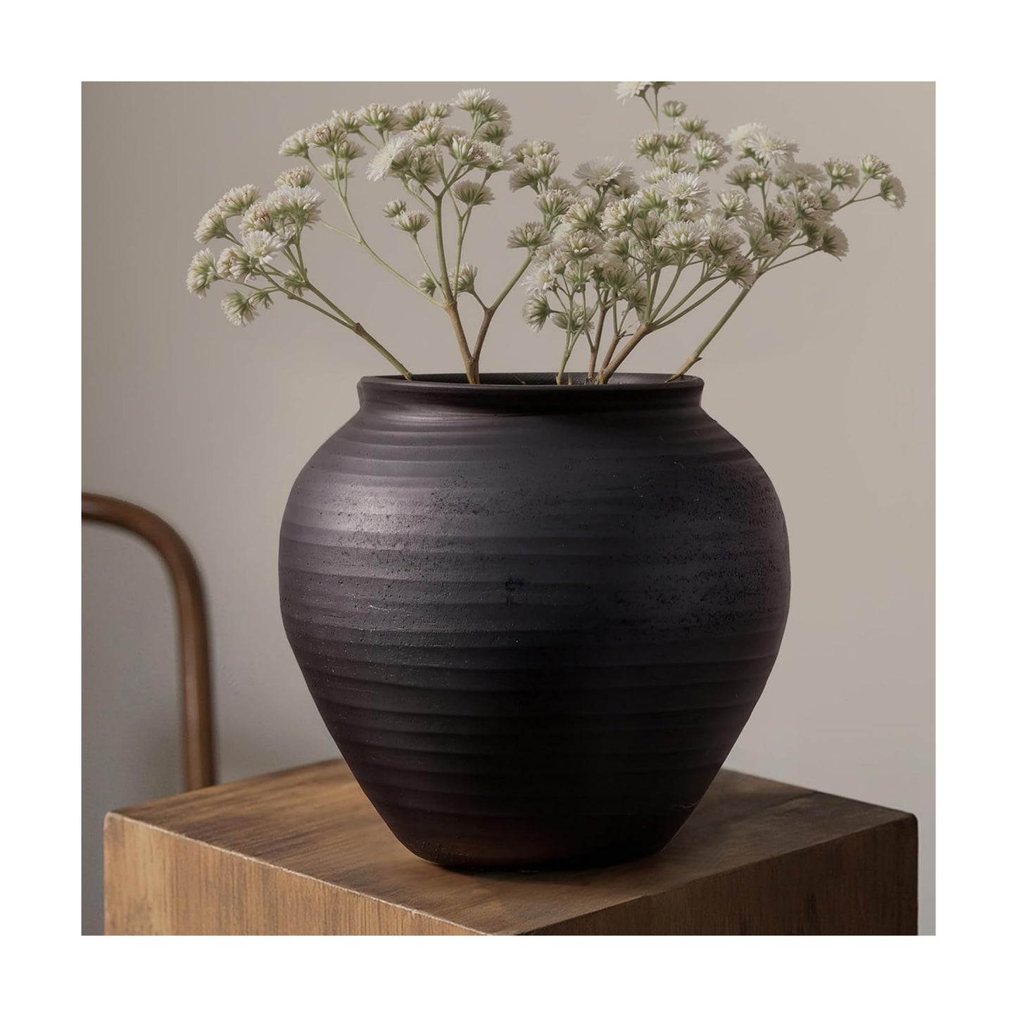 Ceramic Vase / 6.7" Wabi-Sabi Ribbed Flower Vase / Matte Charcoal / Matte Black