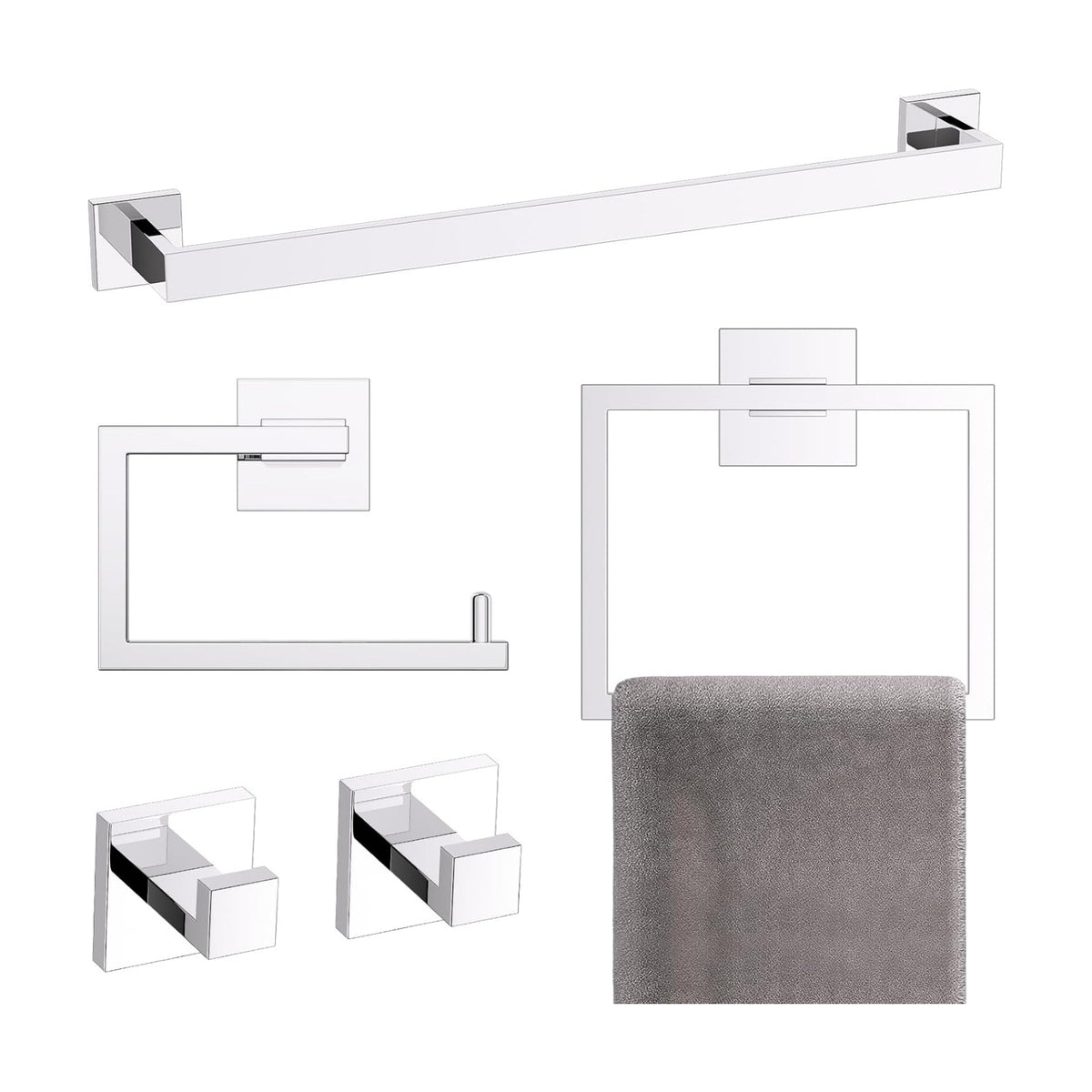 YACVCL 5-Piece Bathroom Hardware Accessories Set 23.6 inch Towel Bar Set Modern Towel Rack Kit Stainless Steel Wall