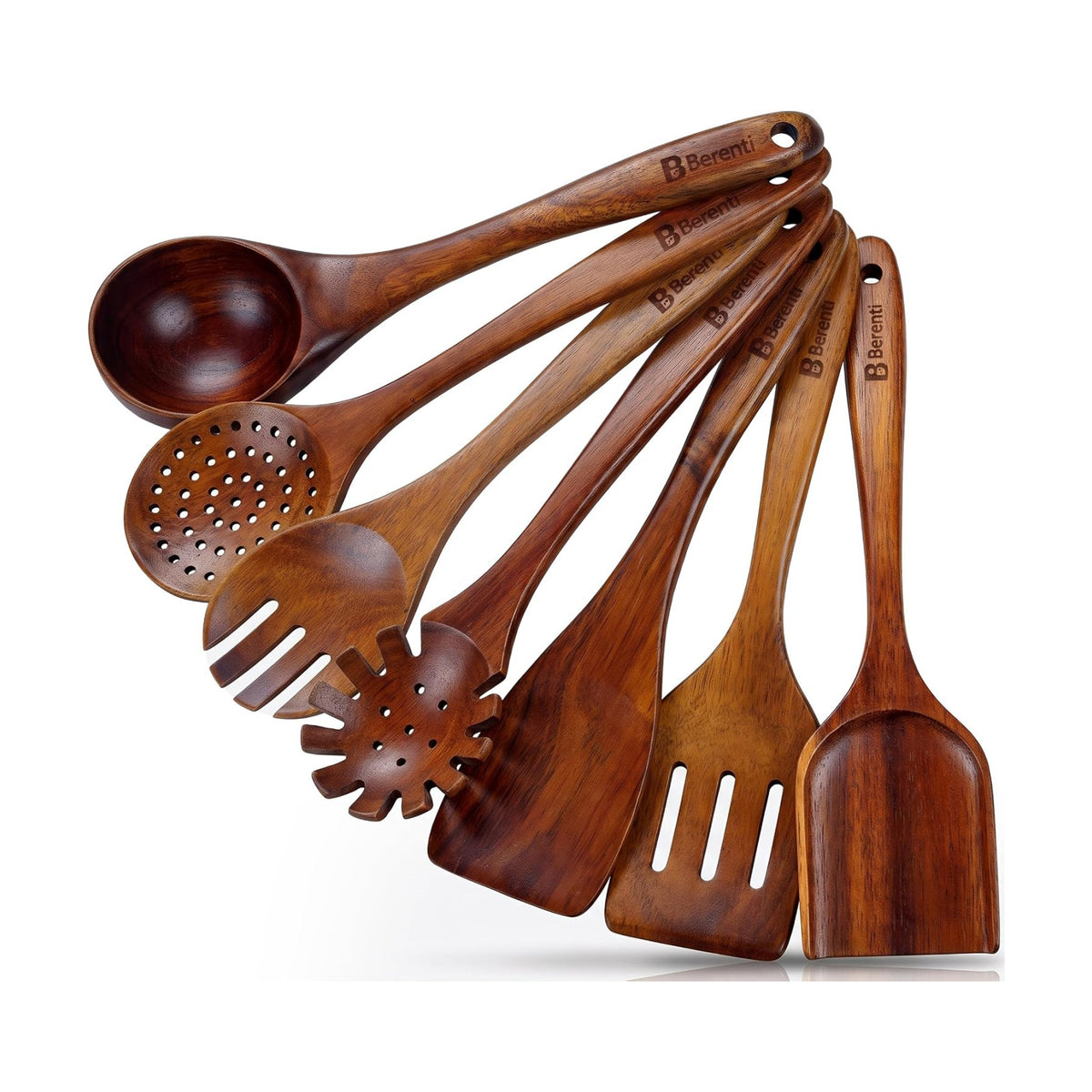 Berenti Wooden Utensil Set, 7 Piece Acacia Wood Cooking Utensils | Wooden spoon, spatula, turner, ladle, skimmer and