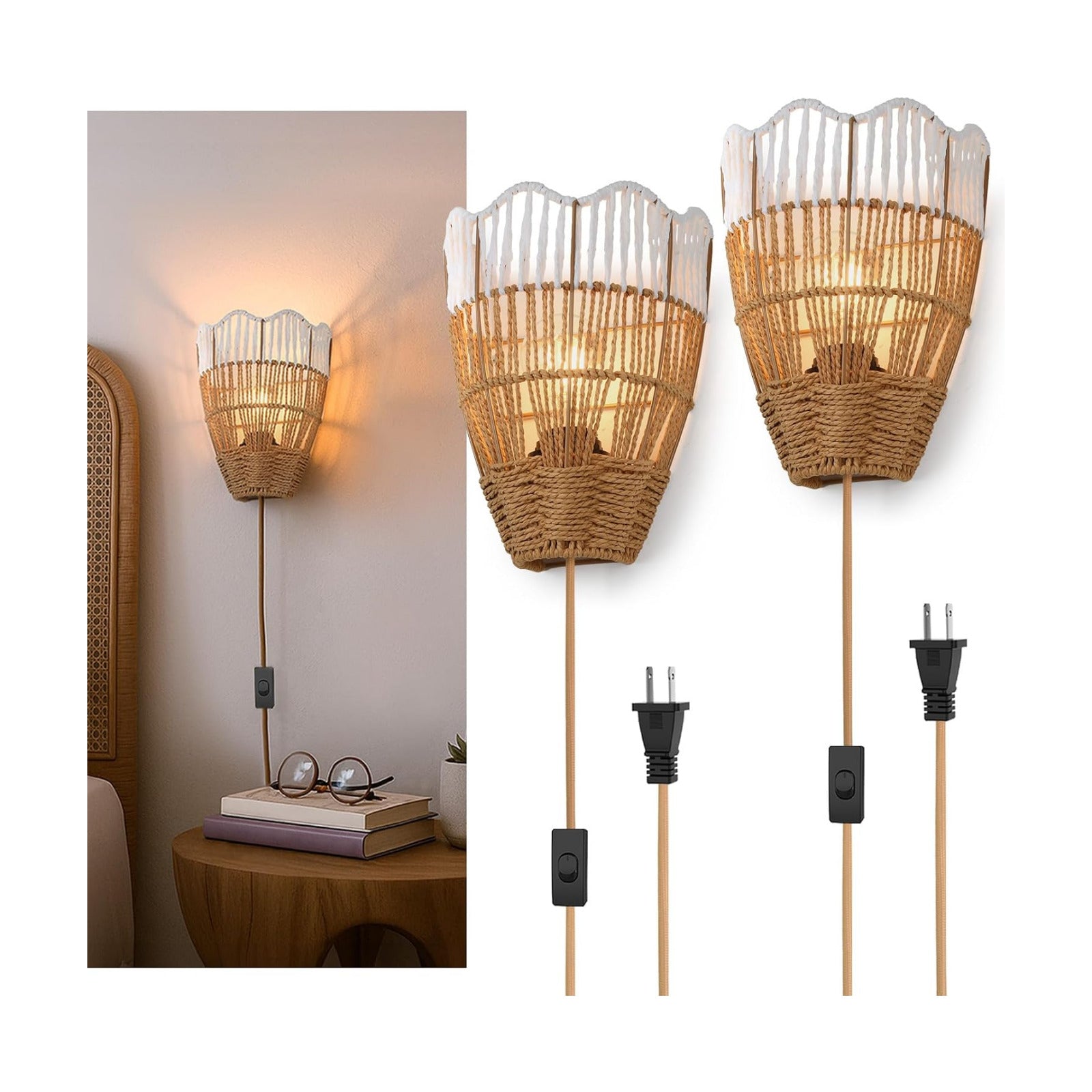 Handwoven Rattan Wall Lights / Boho C / Set of 2
