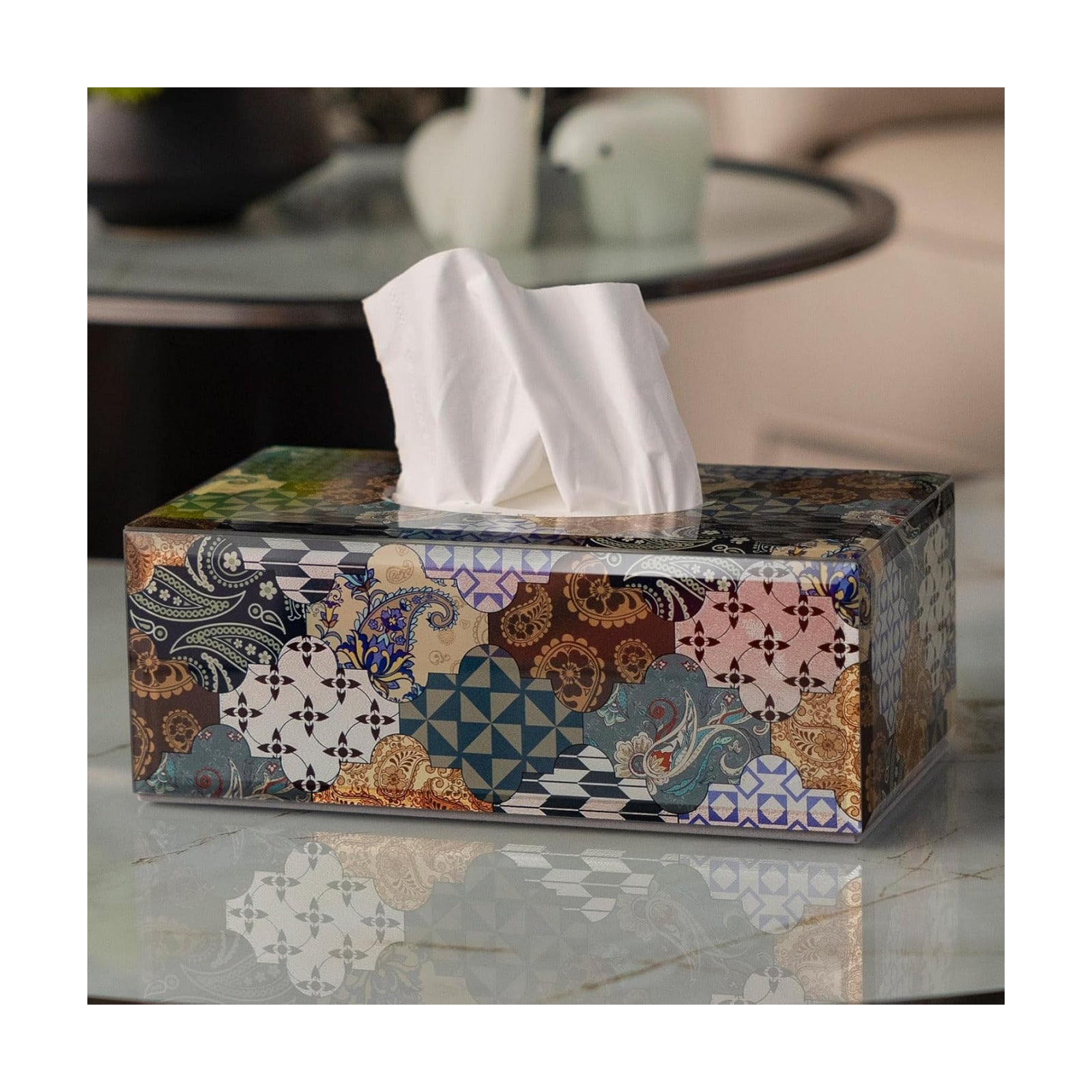 Glass Tissue Box Cover -Patchwork Pattern Decorative Tissue Holder / Patchwork-blue / Rectangle