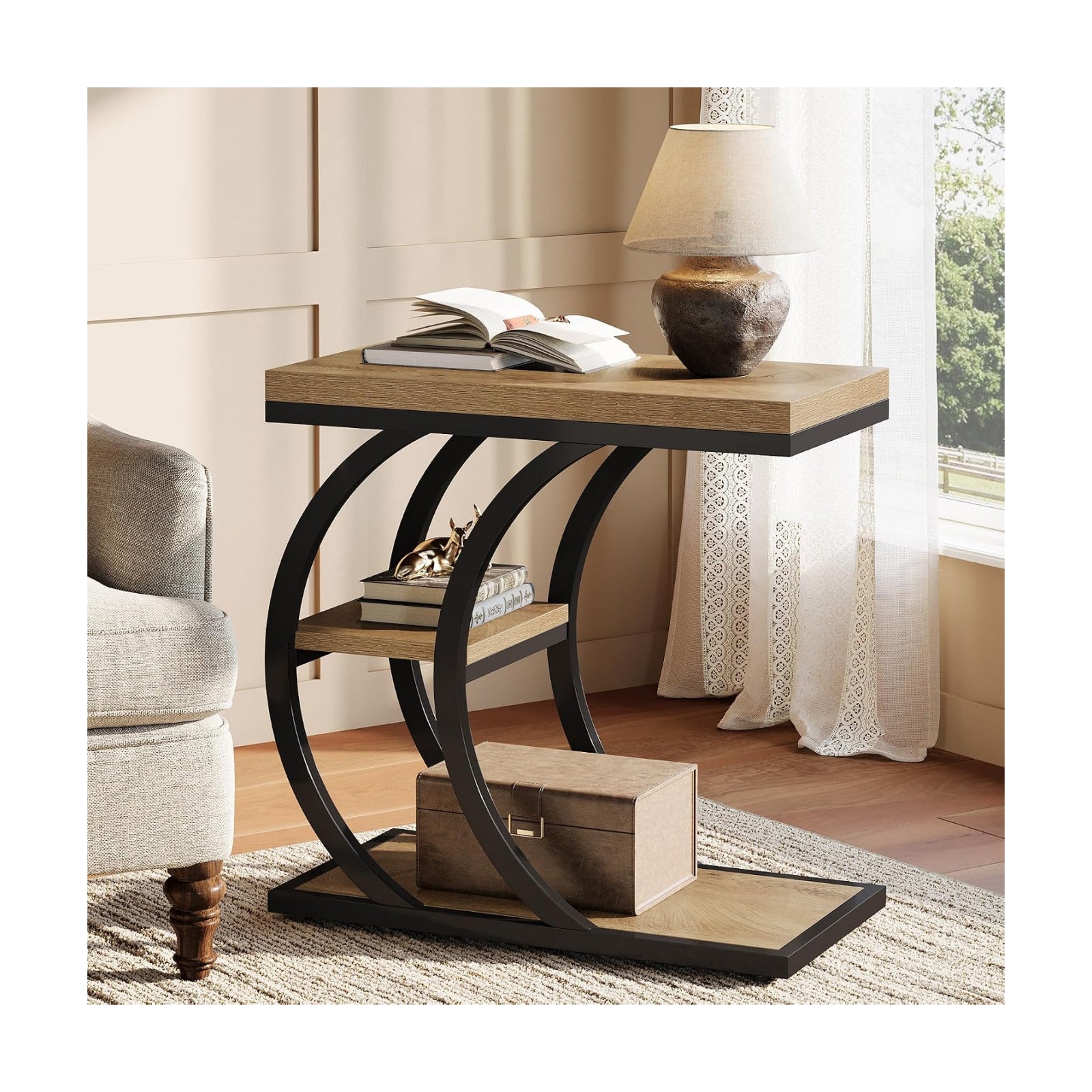 3-Tier Narrow Wood Couch C-Shaped Side Table