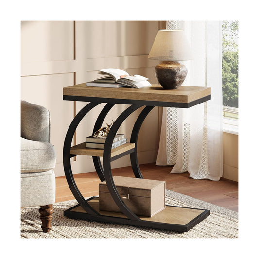 3-Tier Narrow Wood Couch C-Shaped Side Table