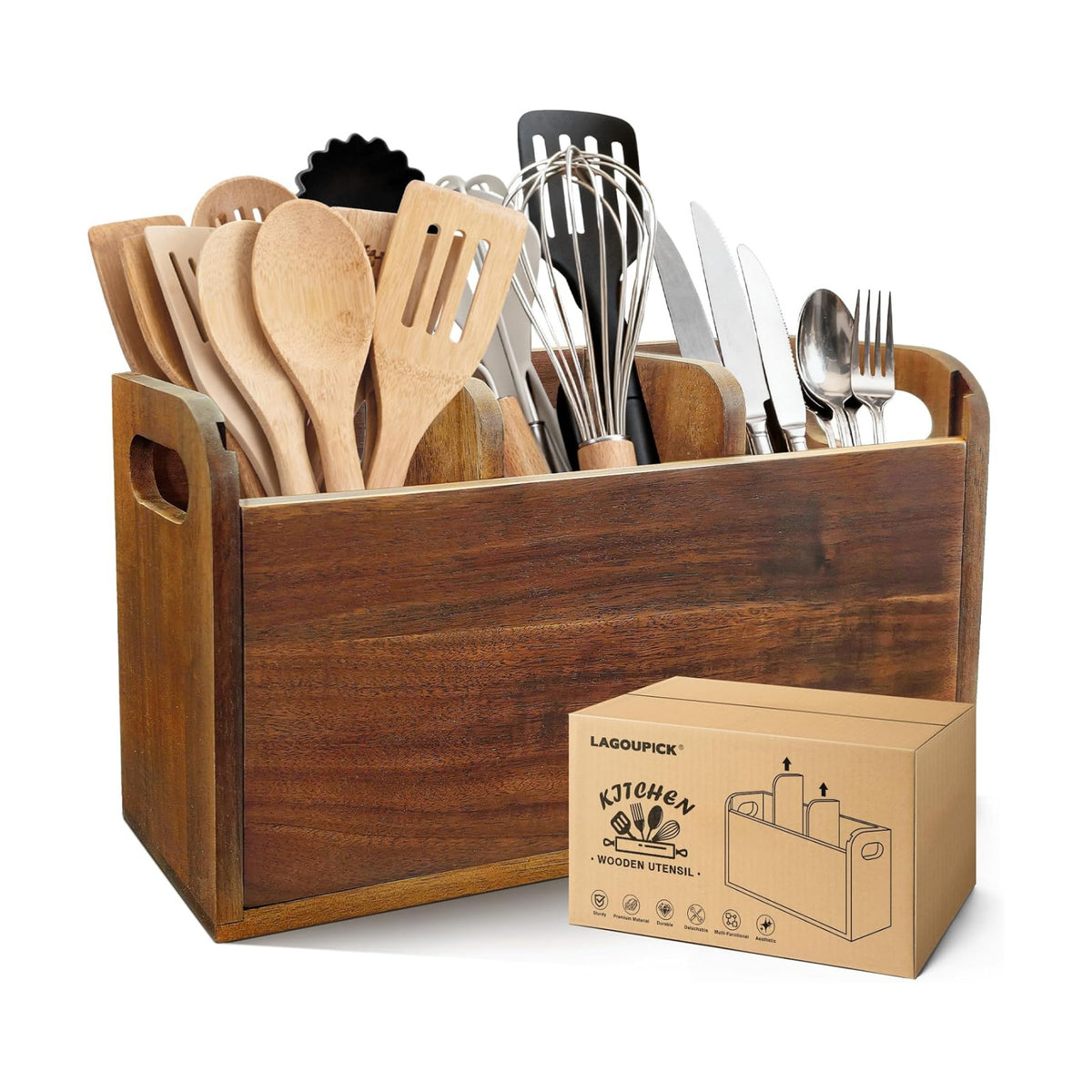 Kitchen Utensil Holder for Countertop with 3 Compartments，Acacia Wood Utensil Holder Cooking Spatula Organizer Large