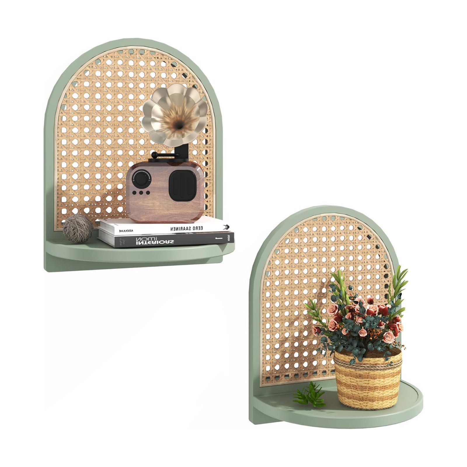 Boho Wall Decor Small Floating Shelf for Plant Figurines / Green / 9.25*5.41*11.61 Inch / Set of 2