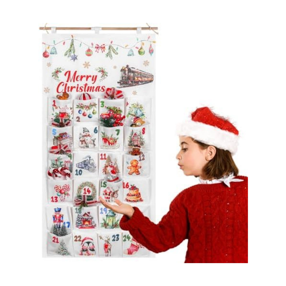 Fabric Christmas Advent Calendar with Pockets 24 Days Christmas Countdown Advent Calendar Hanging Countdown Calendar to Fill Reusable Wall Hanging Storage Bag for Home Xmas Holiday Decor