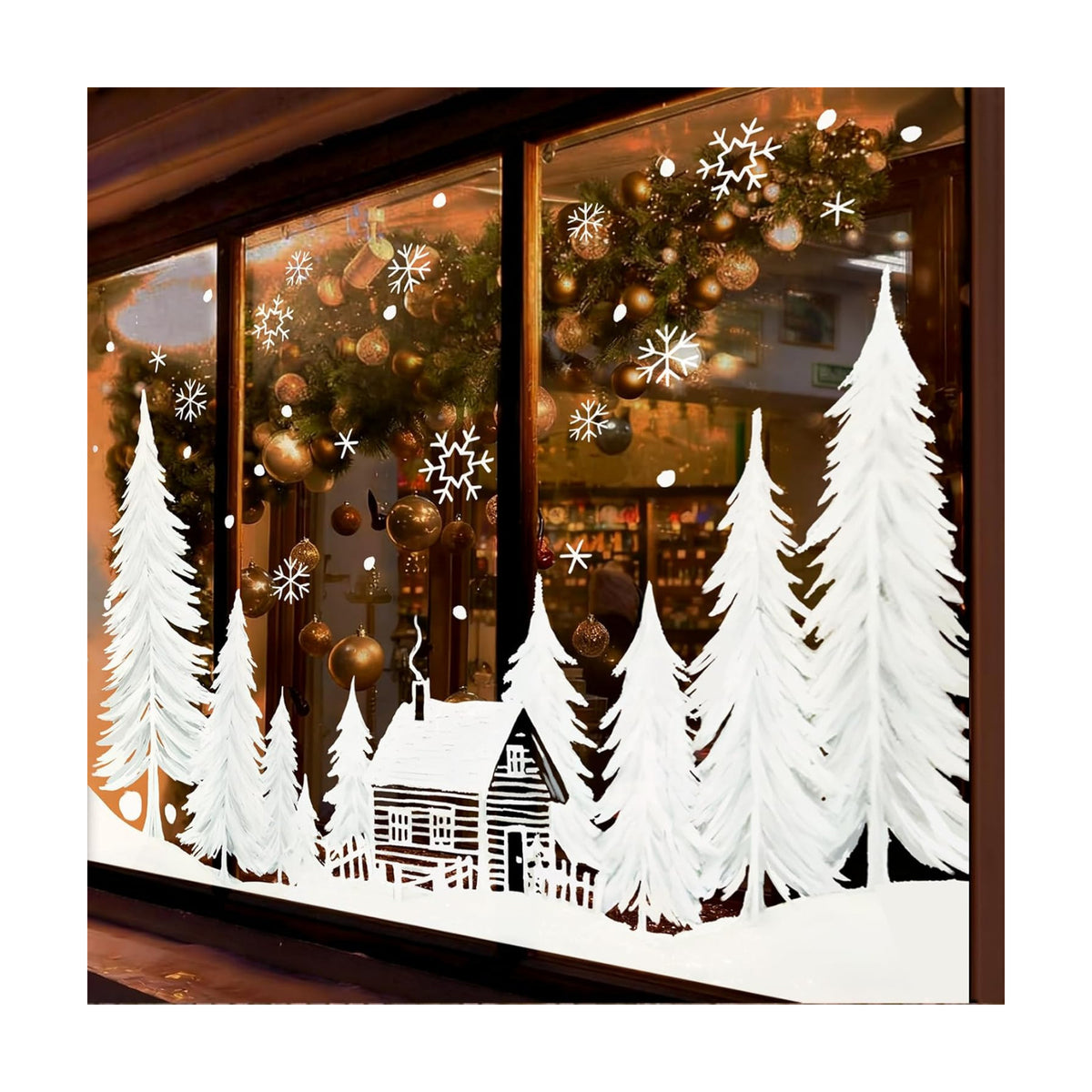Whaline 55" Large Christmas Window Clings White Xmas Tree Cabin Snowflake Window Decal Reusable Anti-Collision Windows Decor for Winter Holiday Home Party Supplies, 8 Sheets