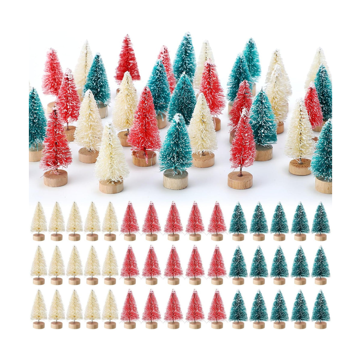 Sumind 48 Pcs 1.78 Inch Mini Bottle Brush Christmas Trees Green Red Yellow