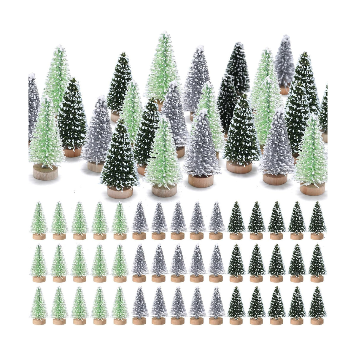 Sumind 48 Pcs 1.78 Inch Mini Bottle Brush Christmas Trees Green Silver