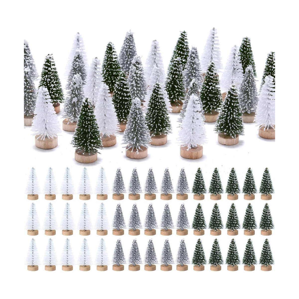 Sumind 48 Pcs 1.78 Inch Mini Bottle Brush Christmas Tree Green Silver White