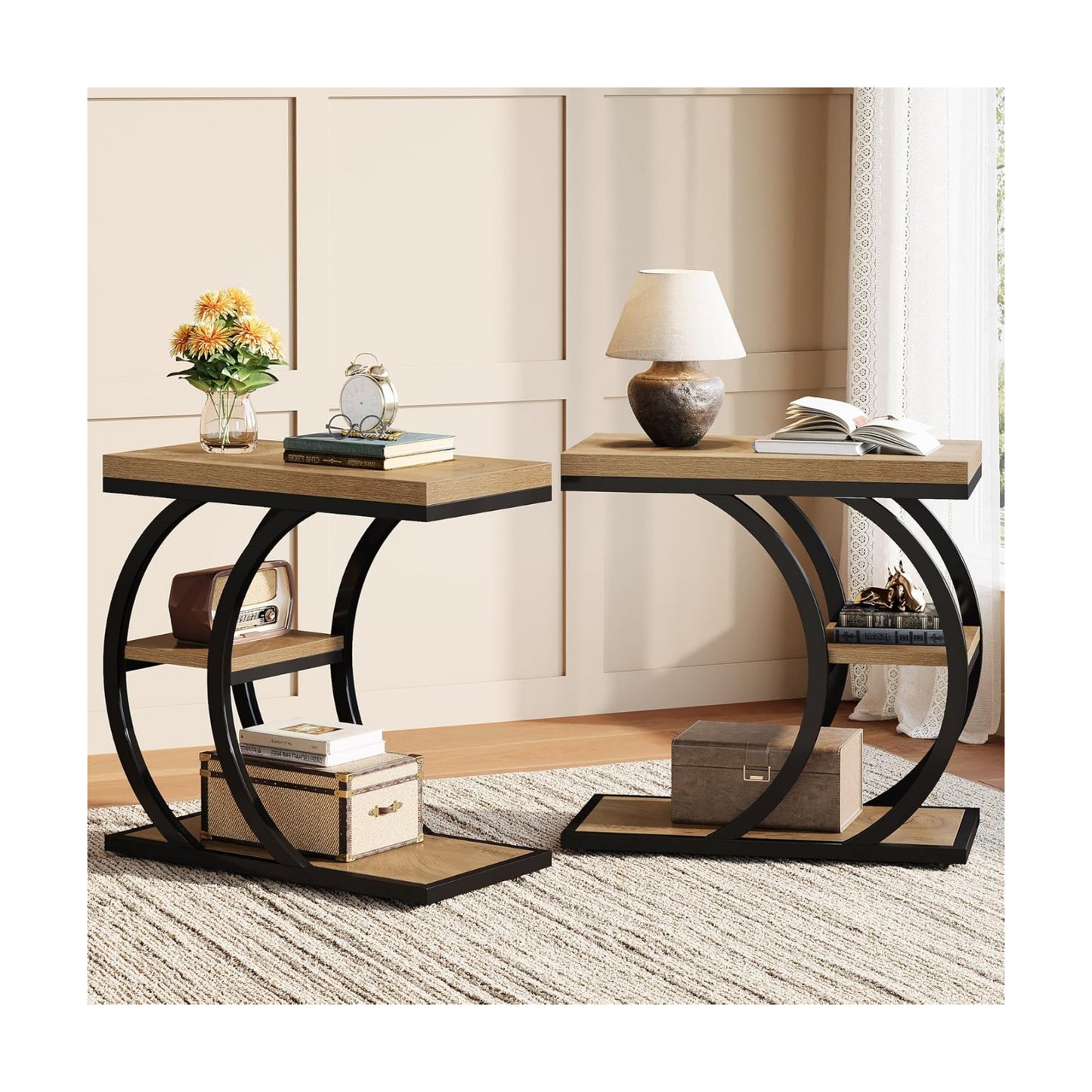 3-Tier Narrow Wood Couch C-Shaped Side Table / Set of 2