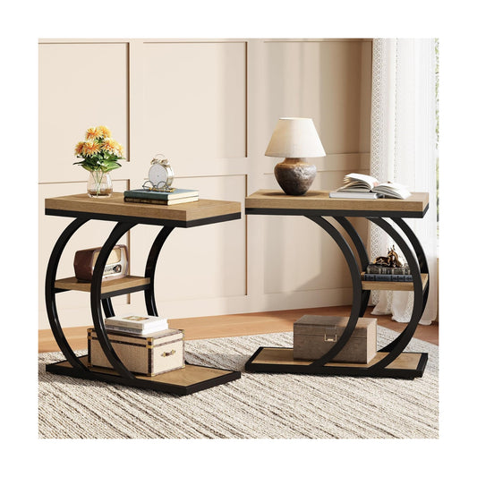 3-Tier Narrow Wood Couch C-Shaped Side Table / Set of 2