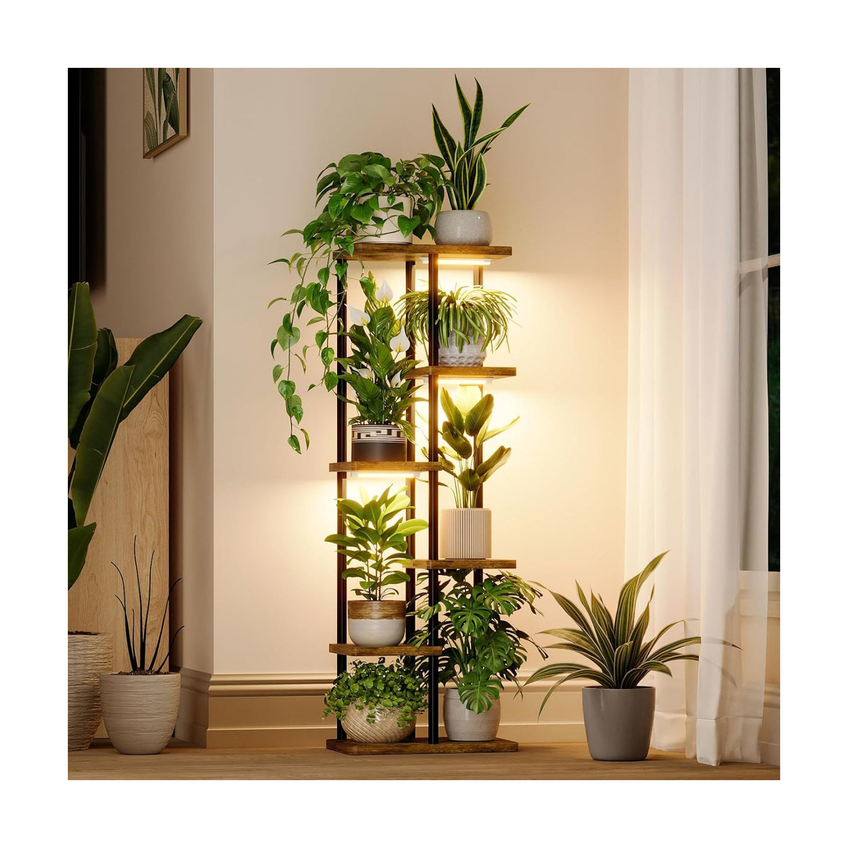 Bamworld Plant Shelf with Grow Light for Indoor Plants Corner 6 Tier | Metal Plant Stand Wood Flower Stand for Home