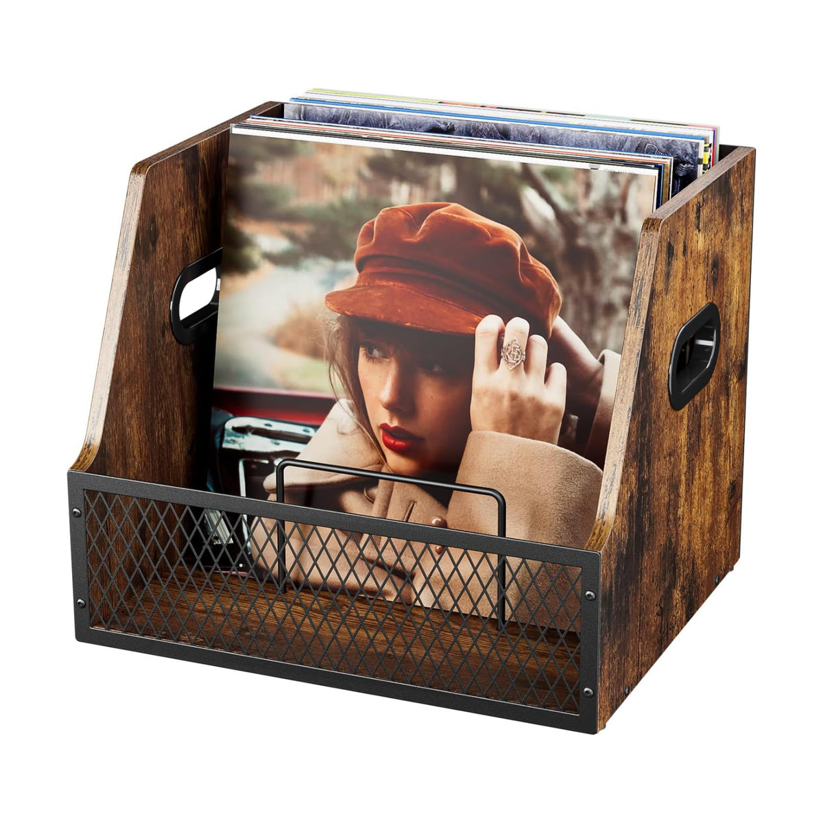 Vinyl Record Storage,Wooden Crate ‌Vinyl Holder with Dividers for Albums & Magazine Rack Organizer for 60+ Records Case