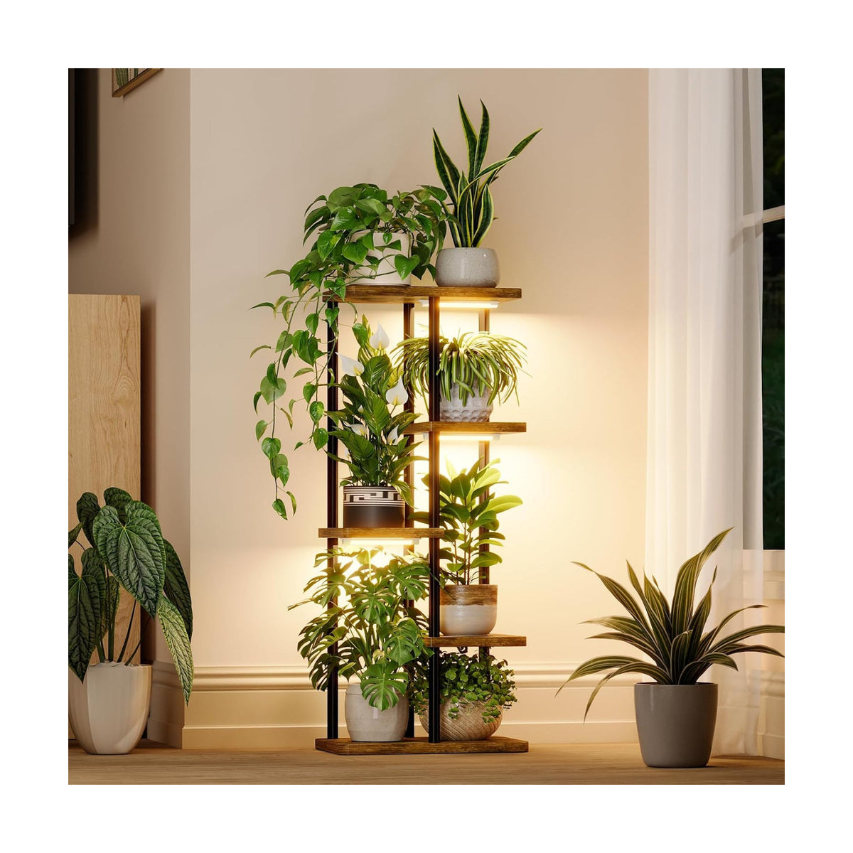 Bamworld Indoor Plant Stand with Grow Light Corner 5Tier | Metal Plant Shelf Wood Flower Stand for Home Living Room