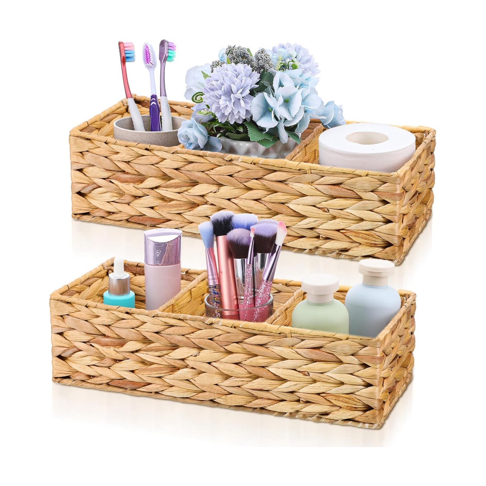 3-Section Wicker Baskets Water Hyacinth Storage Bin Bedroom Decor Basket Toilet Paper / Set of 2